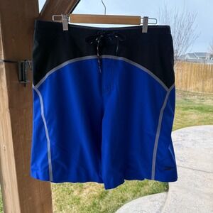 Speedo Mens Blue Black Colorblock Board Shorts Swim Trunks Size 36 Reflective